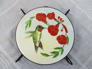 Vintage Hand Painted Tile Hummingbird W/ Red Morning Glories Metal Frame Trivet