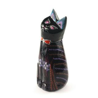 Black Cat Figurine 3 " Lacquer Wood Hand Painted Colorful Folk Art Floral Vintage