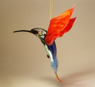 Blown Glass Figurine Bird Hanging Red And Blue Hummingbird Ornament
