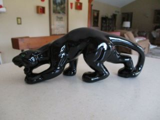 Vintage Ceramic/ Pottery Black Panther With Green Glass Eyes,  11 1/2 " Long,