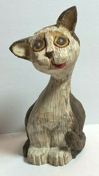 Vintage Hand Carved Wood Cat Figurine Folk Art Artist Marked Tongue Out