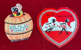 1930s Black Americana Woman In Barrel Honey & Pulling Heart Valentines Day Cards
