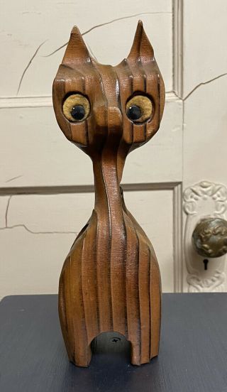 Vintage Mid Century Modern Hand Carved Wooden Cat Figurine Statue Wood