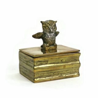 Vintage Brass Trinket Box | Owl On A Book | Removable Lid | Mid Century