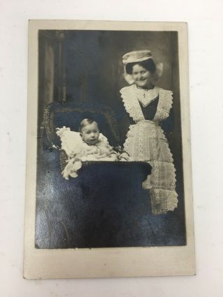 Real Photo Postcard Baby in Carriage with Nanny Au Pair NOKO RPPC 2