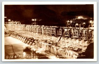 Grand Coulee Dam Washington Construction Night Lights Looking East 1930s Rppc