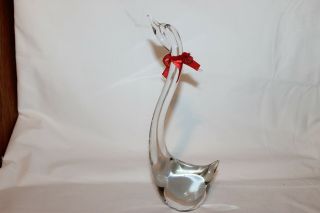 Vintage Hand Blown Glass Paperweight Clear Glass Tall Neck Swan With Bow
