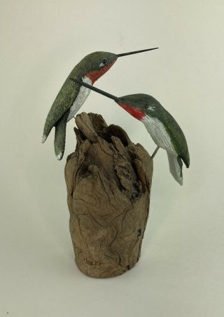 Hand Carved Wooden Hummingbirds On Branch Dick Hoeft