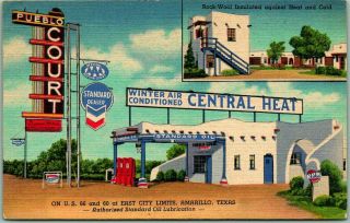 Amarillo,  Texas Route 66 Roadside Postcard Pueblo Court Gas Station - Linen 1947