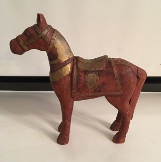 Vintage Hand Carved Wood Horse Sculpture Figure With Brass Copper