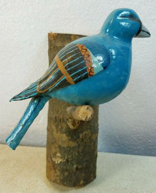 Vintage Carved Folk Art Blue Bird On Branch 5 " Wide 7 " Tall Signed