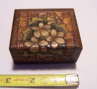Vintage Small Folk Art Carved Wood Trinket Jewelry Box Violets On Basket Design