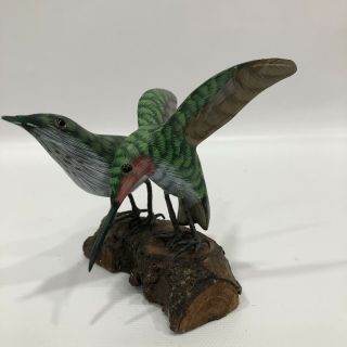 Hand Carved Wooden Hummingbirds On Branch - 3.  5” Tall,  3”long