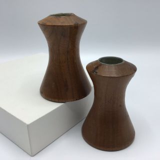 Set Of 2 Mid - Century Modern Wood Candle Holder 3 Inch Vintage Simple Classic