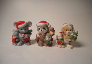 Three Vintage Homco Christmas Figurines: Mouse,  Raccoon And Dog - Retired
