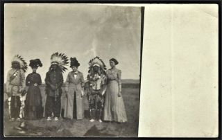 Rppc American Indian Chiefs In Native Dress Posing With Women Postcard