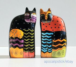 Vintage Laurel Burch Multi - Color Cat Salt & Pepper Shakers By Ganz Black Ceramic