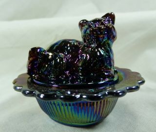 Cat On Nest Salt Dip Purple Carnival Glass Kitten