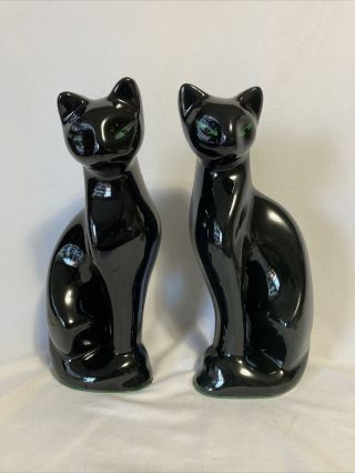 Set Of 2 Vintage Black Cat Ceramic Statues Mid - Century Modern Figurines 10”