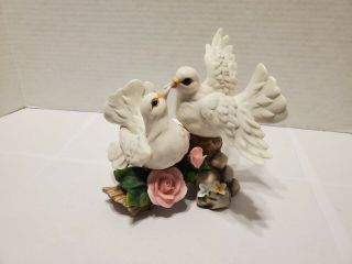 Dove Bird Figurine Two On Branch With Rose