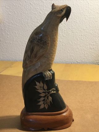Vintage Majestic Parrot Hand Carved From Water Buffalo Horn Fine Wood Base