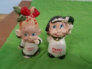 Vintage Kreiss Christmas Angel Kids Mistletoe Rhinestone Eyes Salt Pepper Shaker