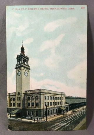 1908 Chicago Milwaukee & St Paul Railway Railroad Depot Minneapolis Postcard