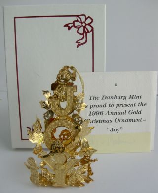 Danbury Christmas Ornament Joy 23k Gold 1996 & Card