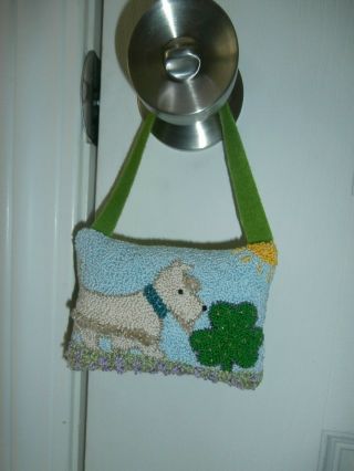 Punch Needle Wheaten Scottie Dog " Irish Beaded Shamrock " Cupboard Hanging Pillow
