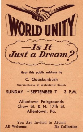 Watchtower 1952 District Assembly Handbill Allentown Pennsylvania