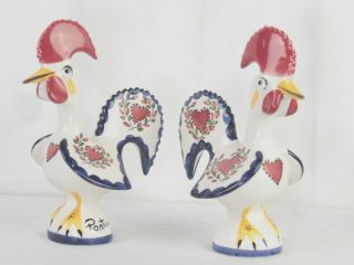 Vintage Set Of 2 Ceramic Roosters Hand Painted Portugal Decor Euc