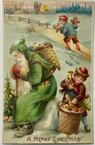 Green Suit Santa Clause Post Card From Early 1900 