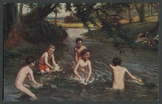 C.  1930s Kemper Thomas Postcard Boys Skinnydipping Swimming Artist Illustration