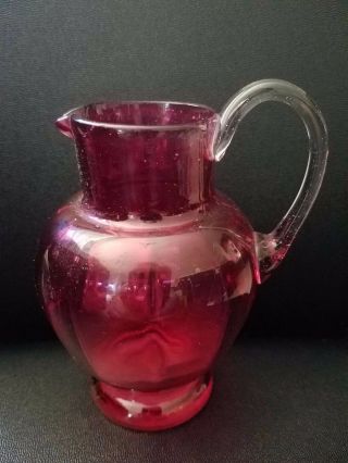 Ruby Red Glass Pitcher Creamer With Clear Handle 4 3/4 " H Vintage