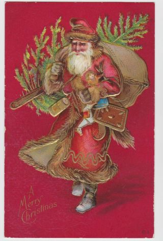 Red Coat Santa With Tree And Sack Of Toys / Gold Colored Accents / Embossed