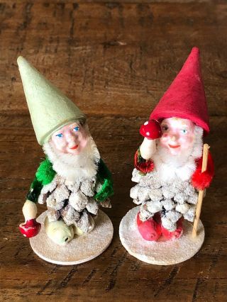 2 Antique German Putz Real Pine Cone Gnome Dwarf Pressed Cotton - Red & Green