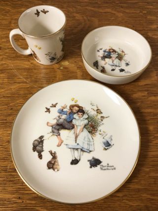Vtg Gorham Norman Rockwell Childs 3 Piece China Set Spring Duet Cup,  Bowl,  Plate