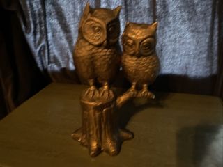 Vintage Solid Brass Two Owls Perching On Tree Stump Brass Owl Figurine Sculptor