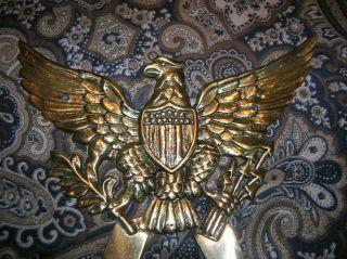 Vintage Large Brass Spread Eagle Shield Arrows Branch Wall Mount 2 Hooks Plaque