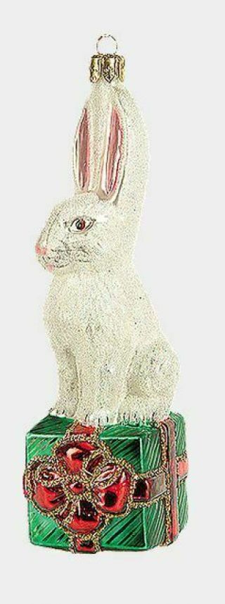 Arctic Hare Rabbit On Presents Polish Glass Christmas Ornament Decoration