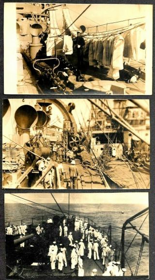 3 Postcards U S S California,  Laundry,  Coaling,  Man Overboard,  1912 Rppc