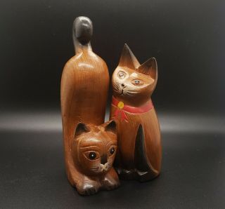 Wooden Cats Figurines Hand Carved Mid Century Modern Sculpture Vintage Folk Art