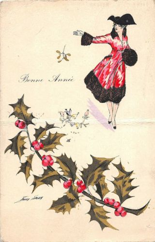 A18 Artist Signed Postcard Xavier Sager Art Nouveau C1918 Happy Year 15