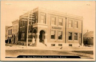 Jewell City,  Kansas Rppc Photo Postcard " First National Bank " Street View C1910s