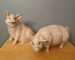Vintage Pot Belly Flat Nosed Pigs Set Of 2 Ceramic Porcelain Large Figurines