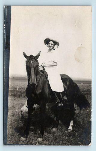 Early 1900s Candid Portrait Of Woman In Dress On Horse Rural America Photo Rppc