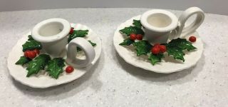 2 Vintage Holt - Howard 1962 Christmas Holly And Berries Candlestick Candle Holder