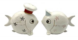 Vintage Anthropomorphic Fish Couple With Hats Salt And Pepper Shakers Japan