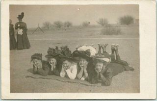 Brownell Kansas Rppc Photo Postcard 5 Pretty Young Ladies On Ground 1909 Cancel