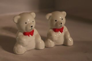 Vintage Salt And Pepper Shakers Teddy Bear White Porcelain Red Bow Set